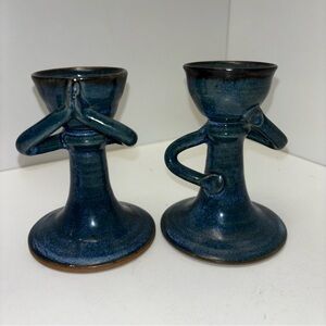 Set of 2 blue glazed ceramic anthropomorphic egg cups with arms